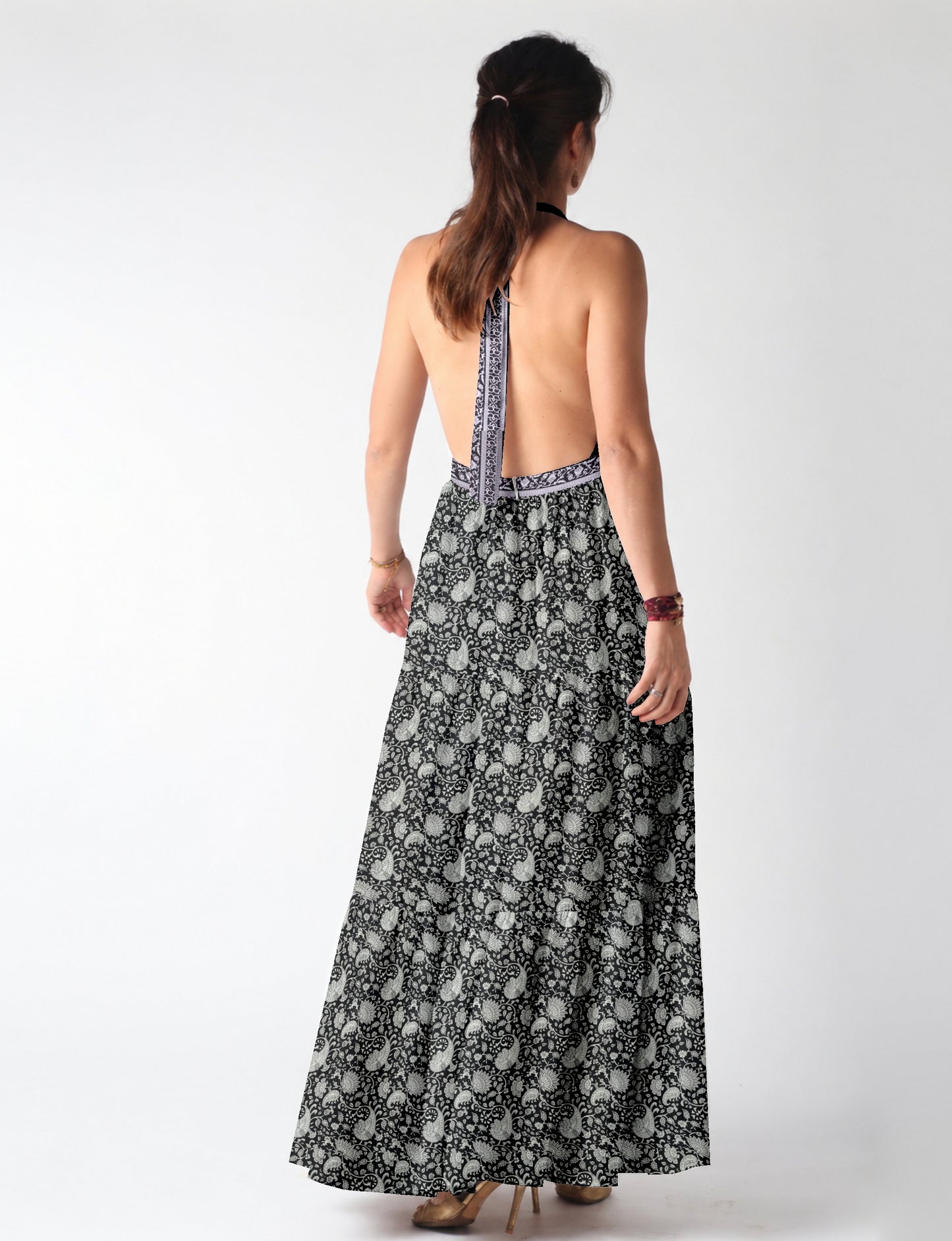 Halter neck maxi dress with tiered layers and elasticated back