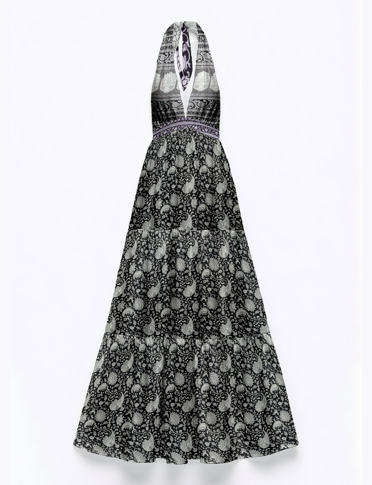 Elegant tiered maxi dress with adjustable tie neck design
