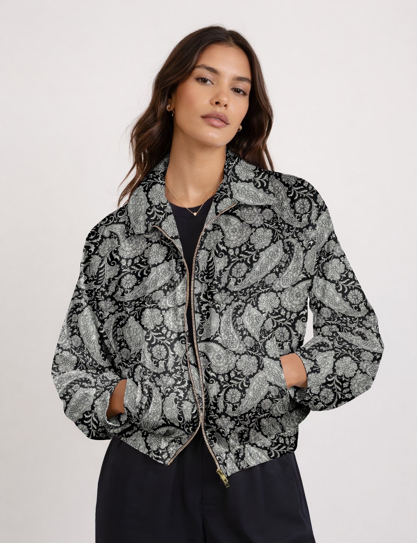 Upcycled Bomber Jacket made from recycled sari materials, featuring a cute cropped shape, elasticated hem and cuffs, and contrast sari print lining. Sustainable apparel promoting eco-friendly fashion and ethical clothing.