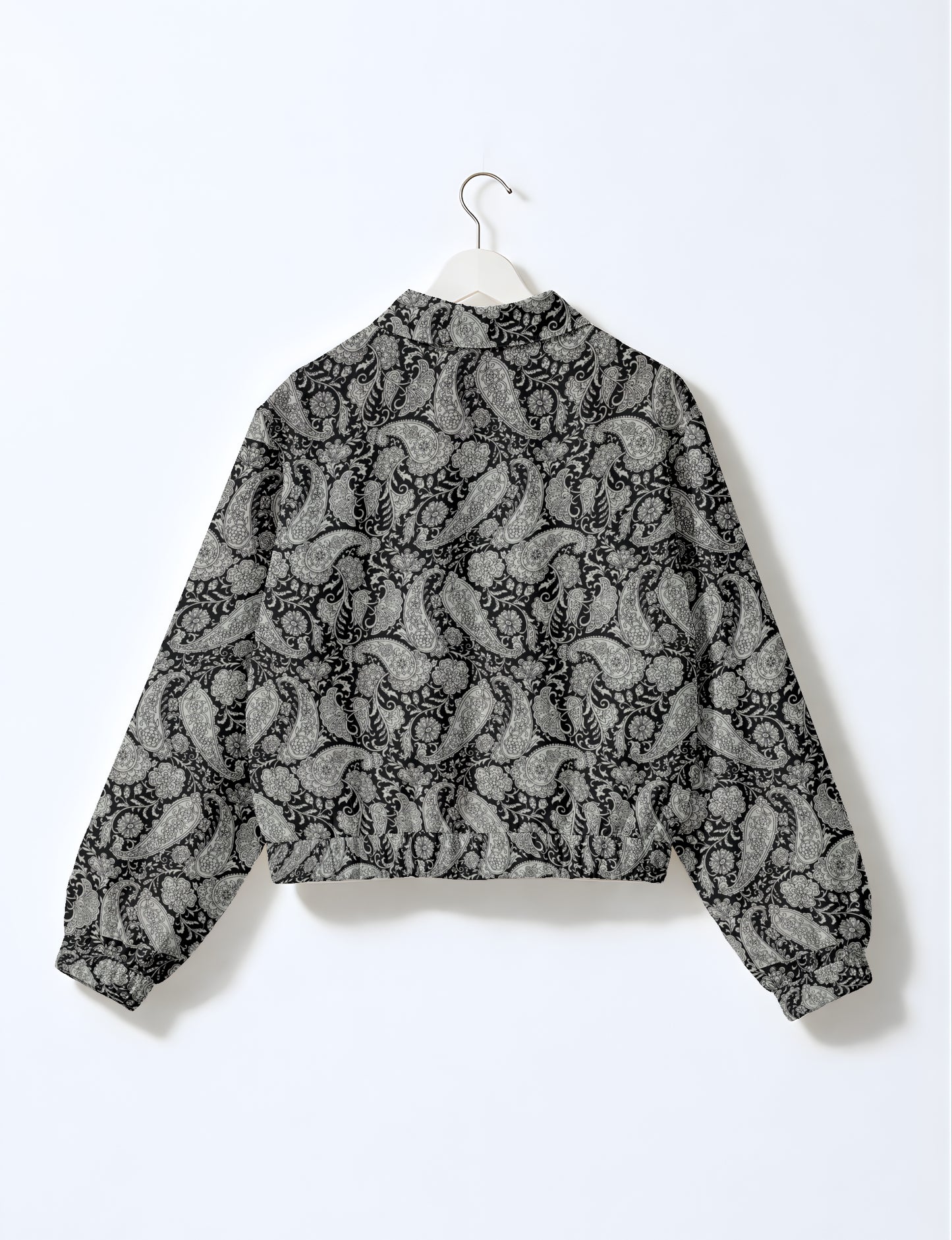 Love Bomber Jacket made from recycled fabric, featuring hand-stitched Aari embroidery. A unique piece of zero-waste clothing, part of the circular fashion movement. Designed with upcycled materials for a stylish yet environmentally friendly clothing choice.
