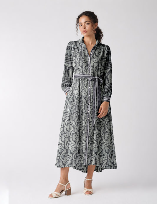 Long shirt dress side view highlighting flared silhouette