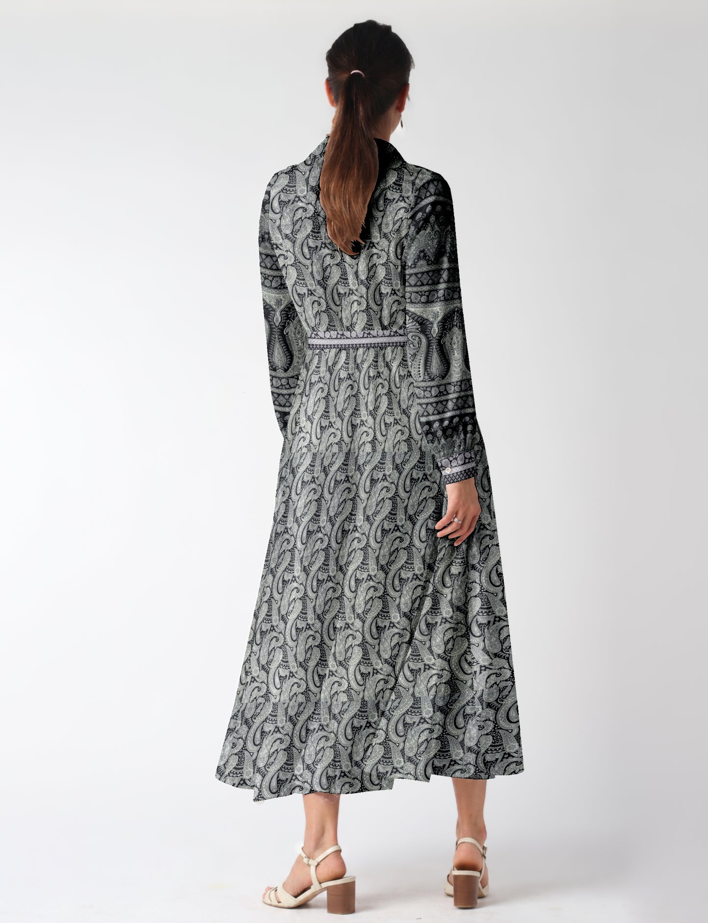 Flowing long shirt dress with relaxed fit and ankle-length design