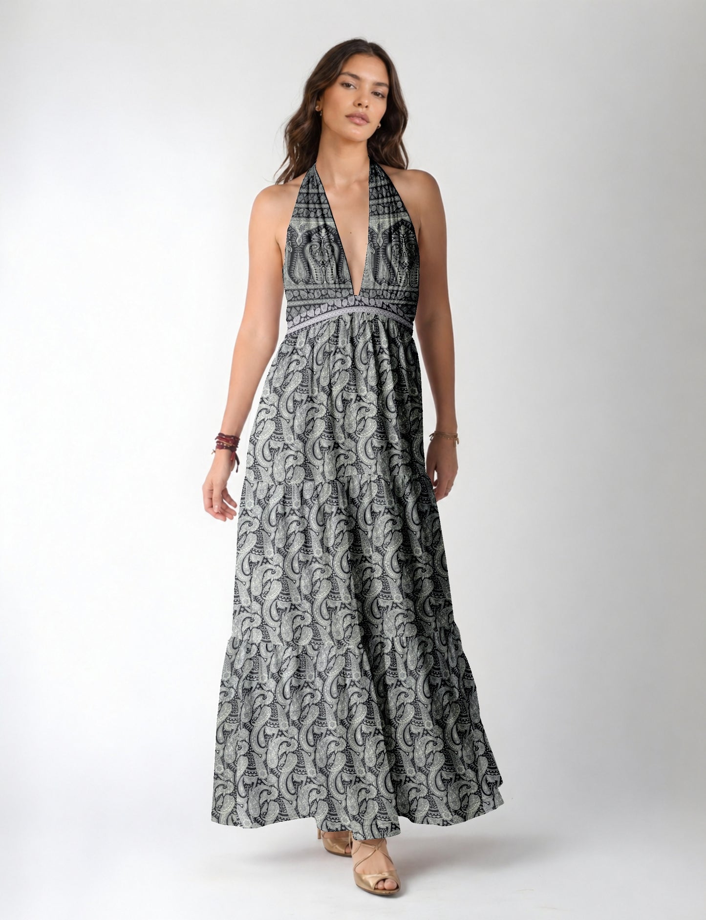 Maxi tiered dress by I was a Sari with halter neckline and flowy silhouette