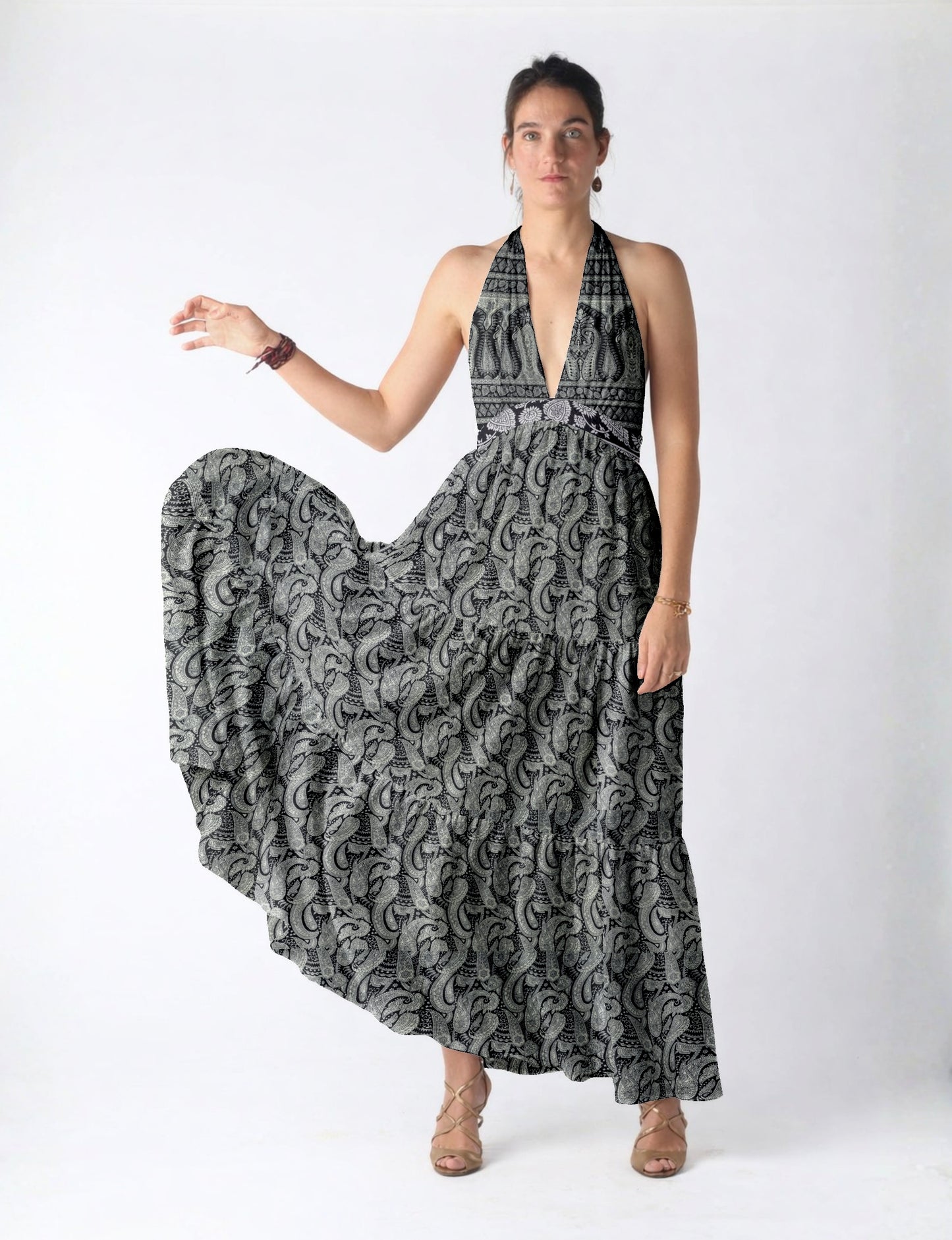 Flowy maxi tiered dress for vacations, brunch, and evening wear