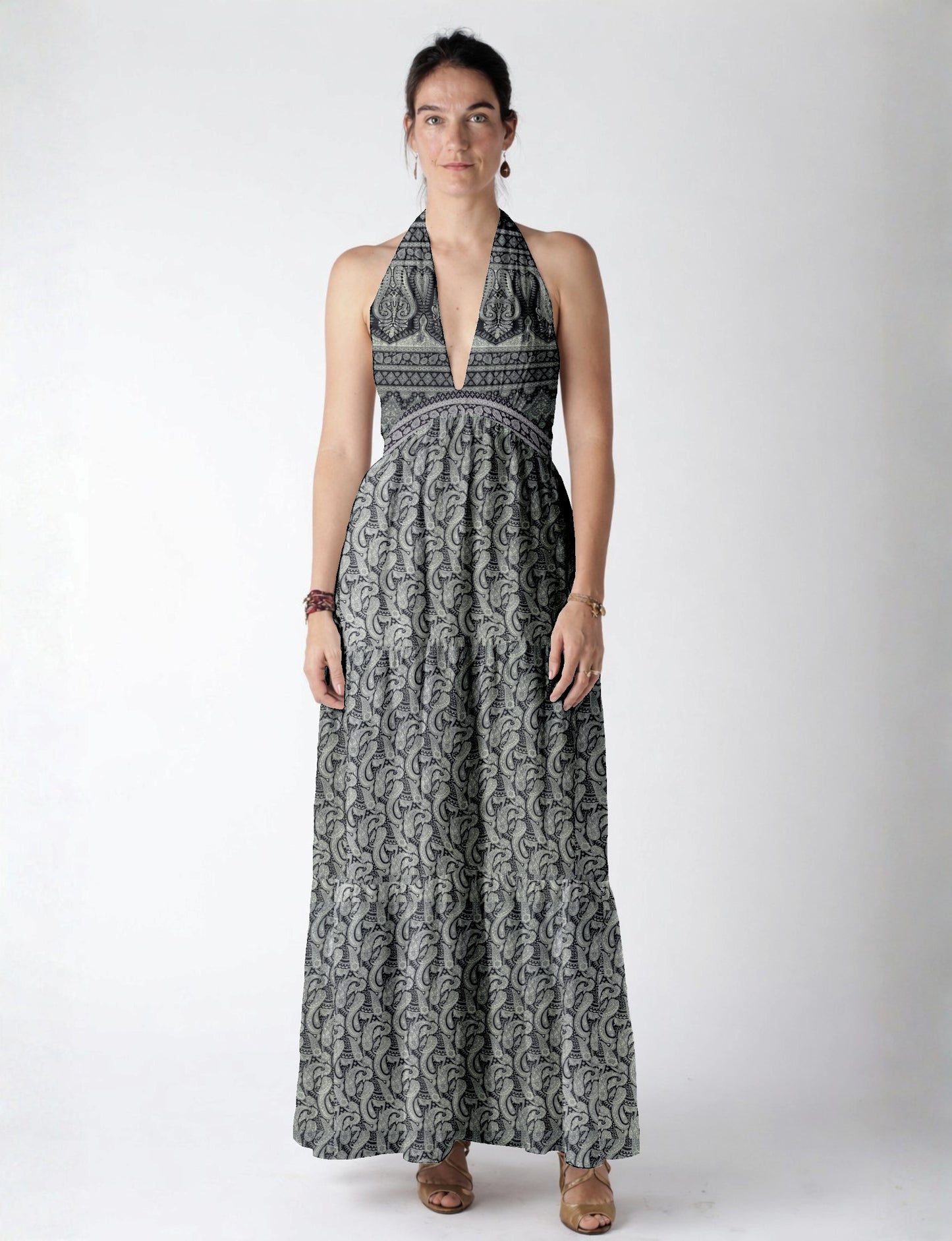 Halter neck maxi dress with tiered layers and elasticated back