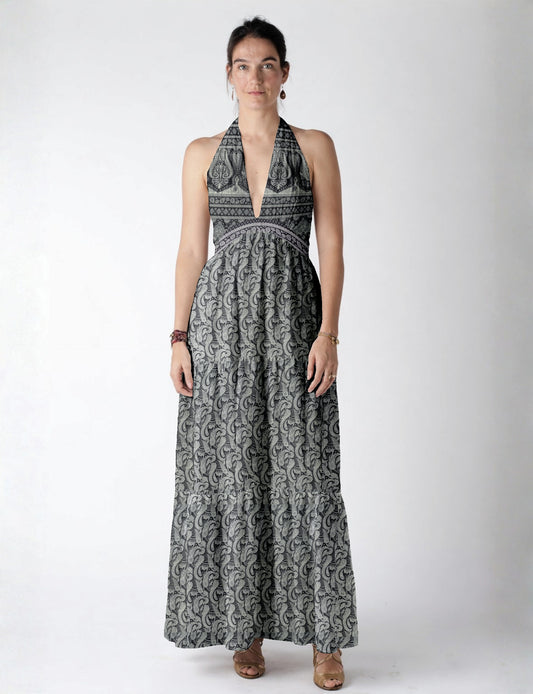 Halter neck maxi dress with tiered layers and elasticated back