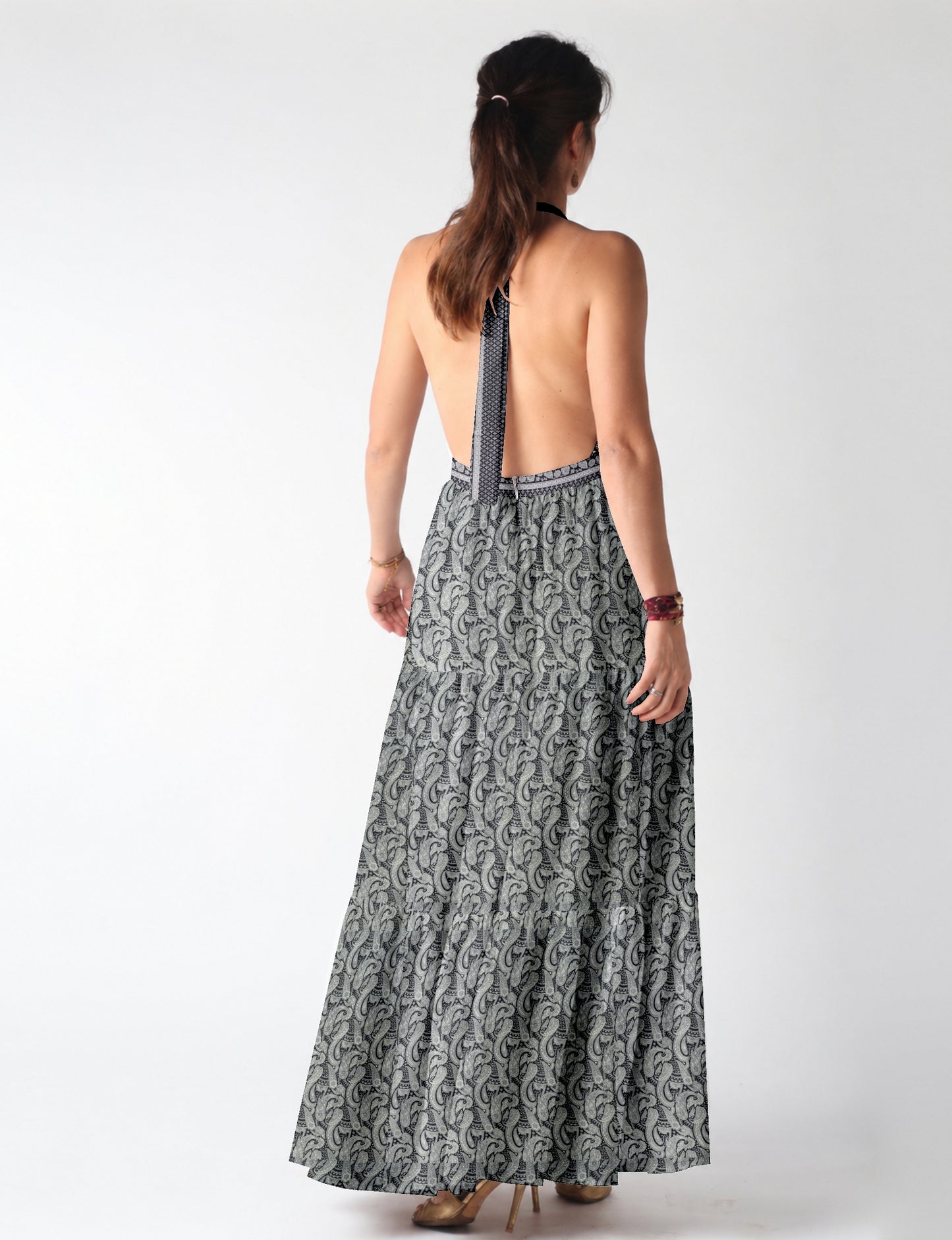 Elegant tiered maxi dress with adjustable tie neck design