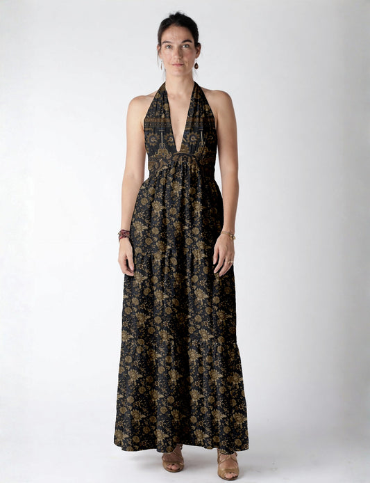Maxi tiered dress by I was a Sari with halter neckline and flowy silhouette