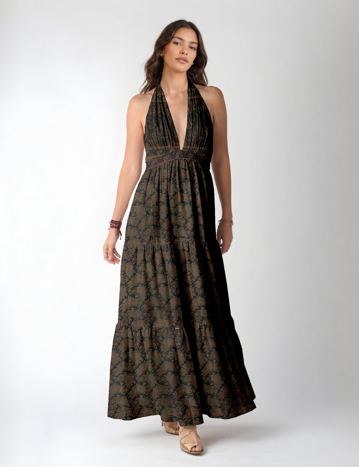 Elegant tiered maxi dress with adjustable tie neck design
