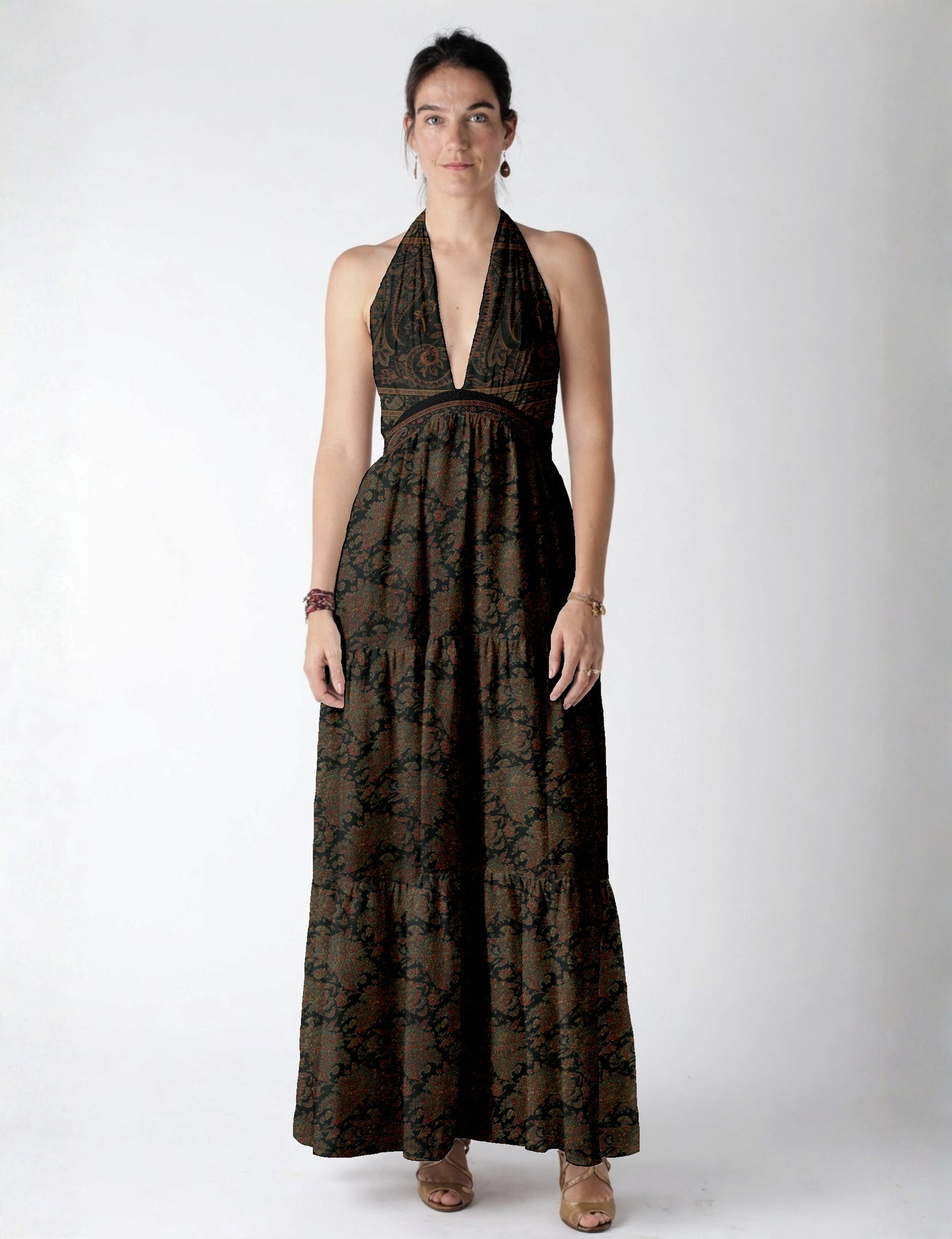 Maxi dress side view highlighting volume and movement