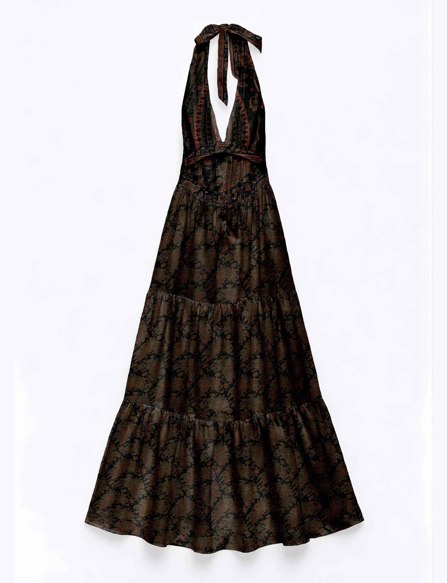 Maxi tiered dress by I was a Sari with halter neckline and flowy silhouette