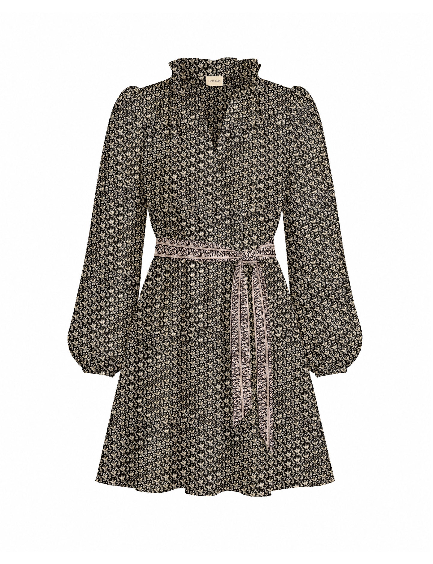 Swing dress with detachable tie belt, gathered ruffle neckline, full-length voluminous sleeves, elastic cuffs, and relaxed A-line silhouette in an above-knee length.
