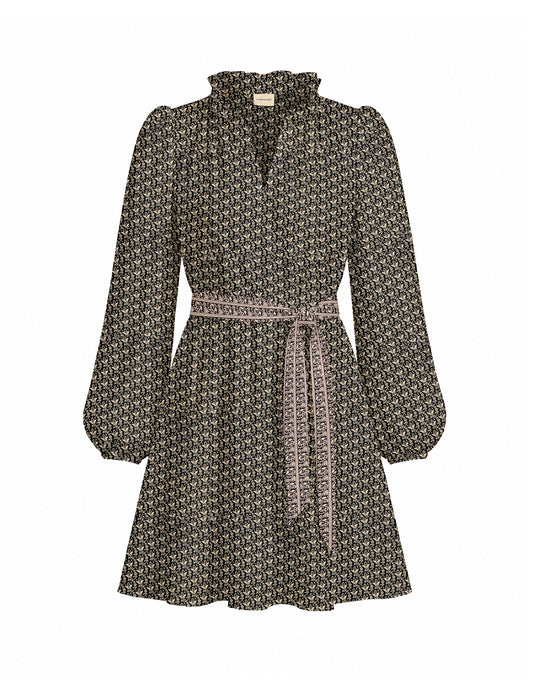 Swing dress with detachable tie belt, gathered ruffle neckline, full-length voluminous sleeves, elastic cuffs, and relaxed A-line silhouette in an above-knee length.
