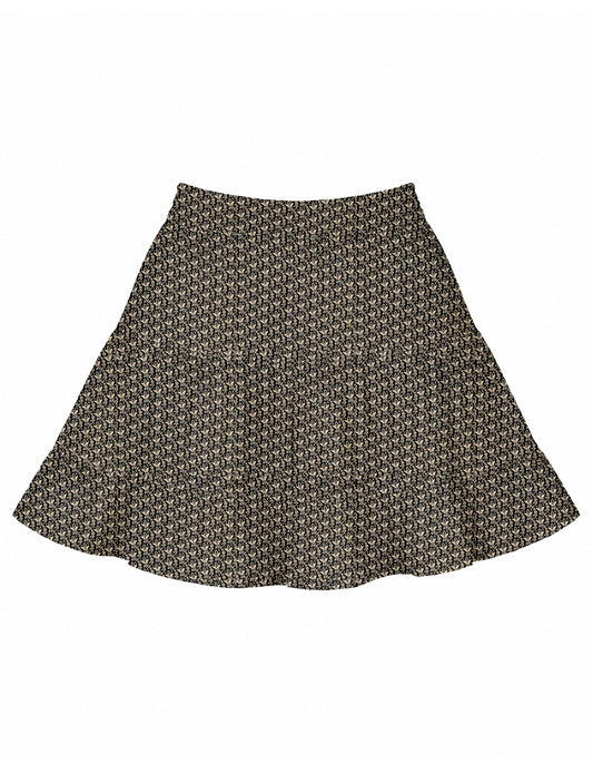 Short tiered skirt with a fitted waistband, knife pleats, softly flared silhouette, side seam pockets, and above-the-knee length.