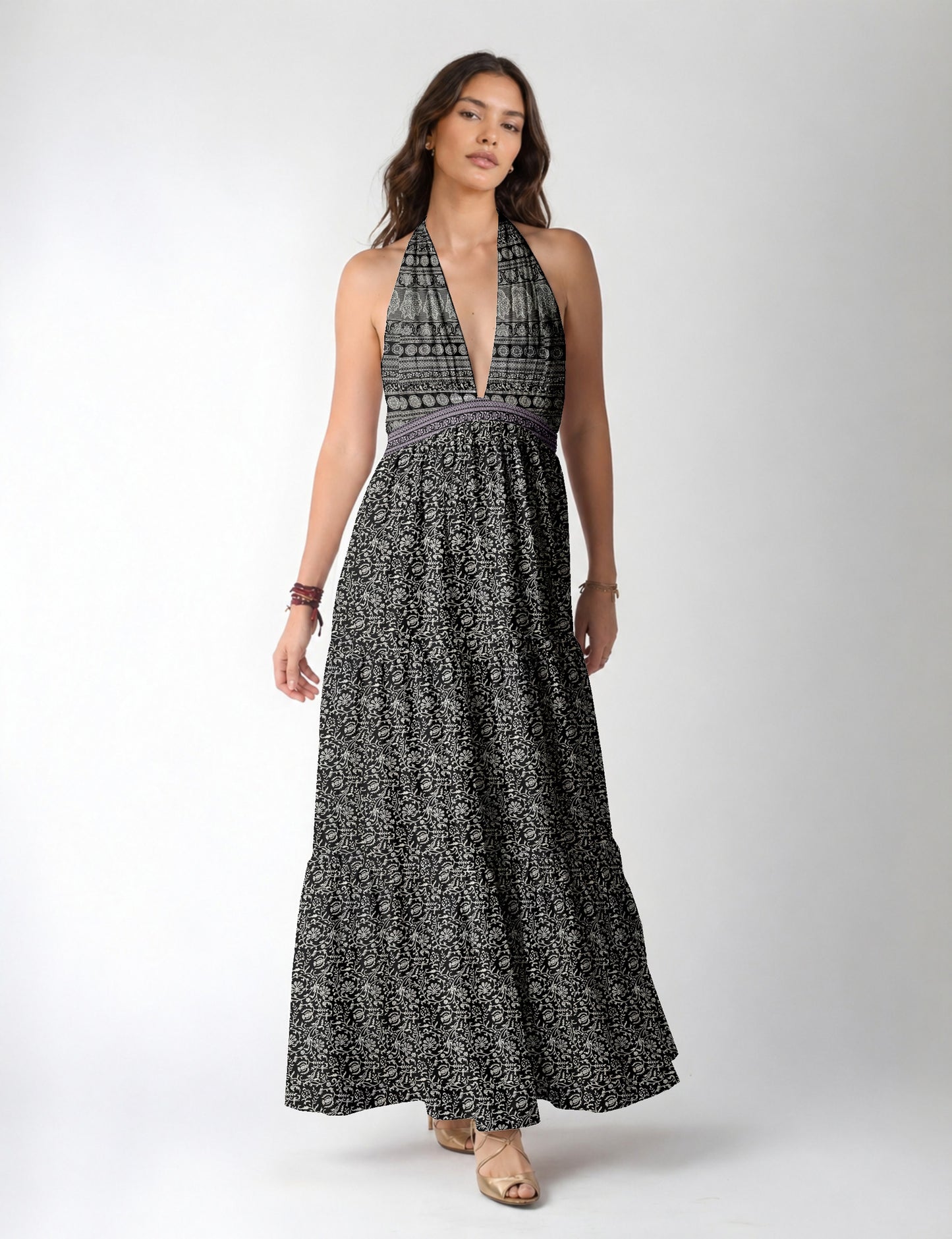 Maxi tiered dress by I was a Sari with halter neckline and flowy silhouette
