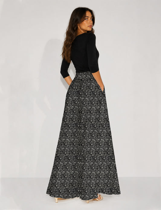 Wide Leg Palazzo Trousers - Black Tropical