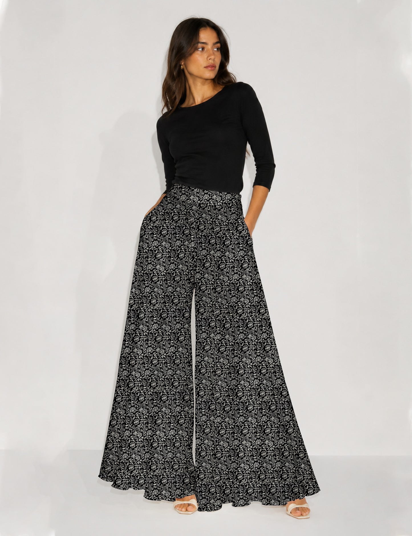 Wide Leg Palazzo Trousers - Black Tropical