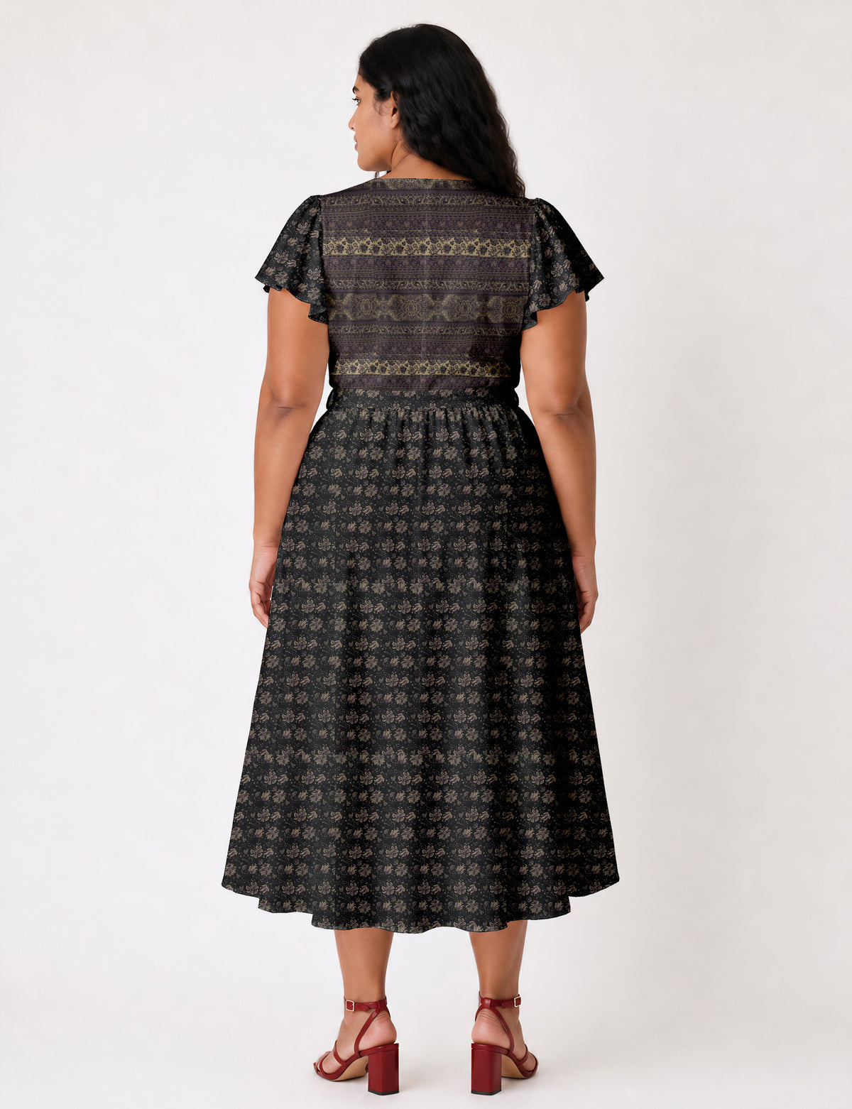 Elegant midi wrap dress with a V-neckline, adjustable waist tie, fitted bodice, and flared skirt for a timeless, flattering silhouette.