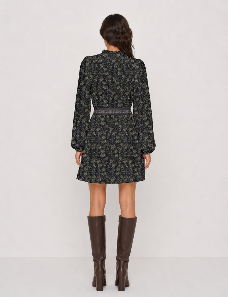 Swing dress with belt - Black Tropical