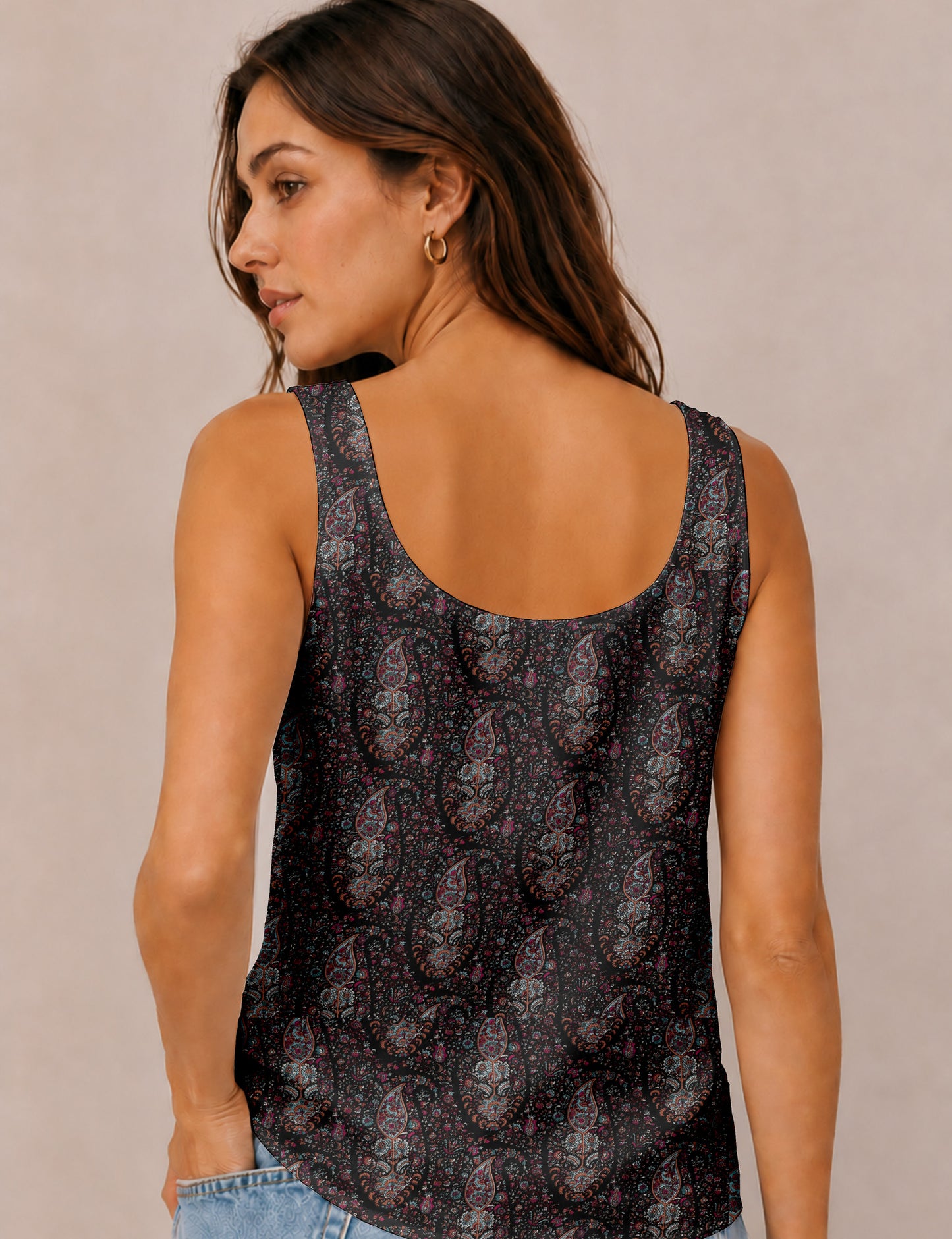 Women's sleeveless blouse with a relaxed straight fit, wide scoop neckline, deep scoop back, and hip-length silhouette.