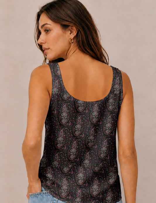 Women's sleeveless blouse with a relaxed straight fit, wide scoop neckline, deep scoop back, and hip-length silhouette.