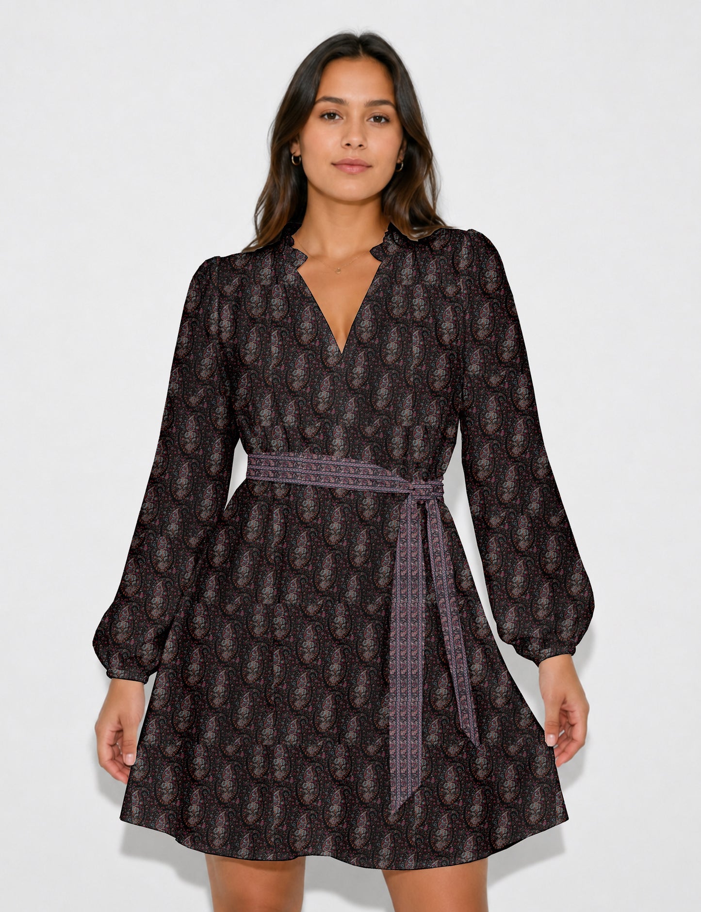 Swing dress with belt - Black Tropical