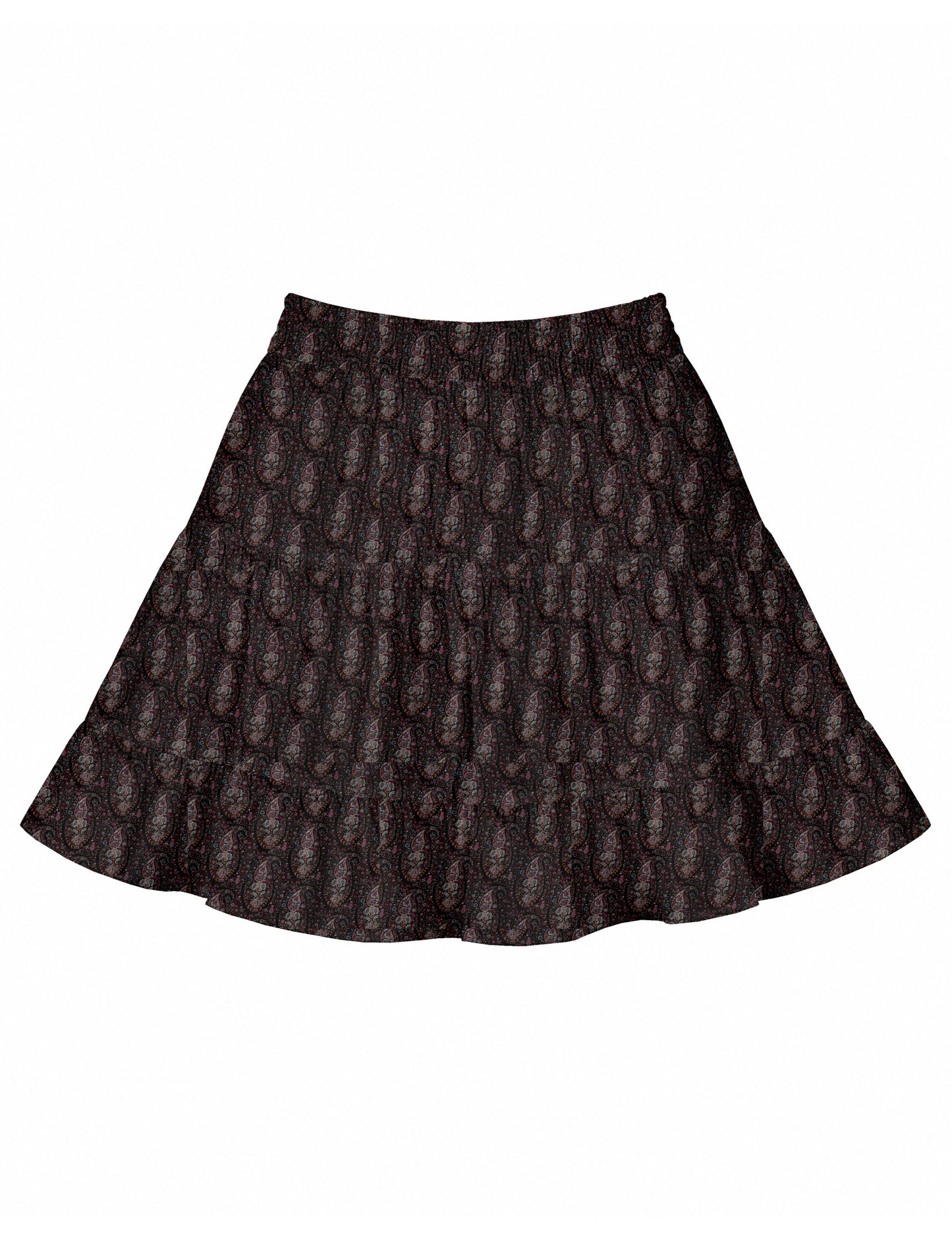 Short tiered skirt with a fitted waistband, knife pleats, softly flared silhouette, side seam pockets, and above-the-knee length.