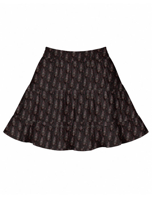 Short tiered skirt with a fitted waistband, knife pleats, softly flared silhouette, side seam pockets, and above-the-knee length.