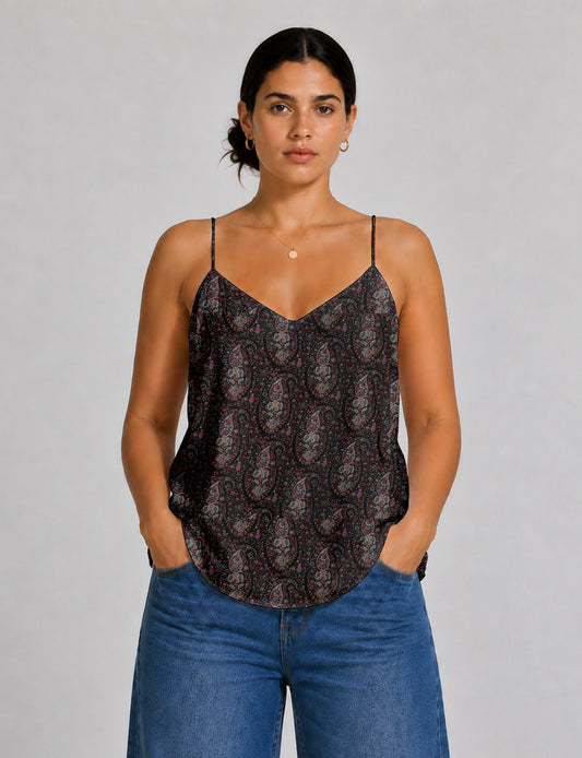 Women's sleeveless slip top with a relaxed straight fit, soft V-neckline, deep V-back, and delicate spaghetti straps.