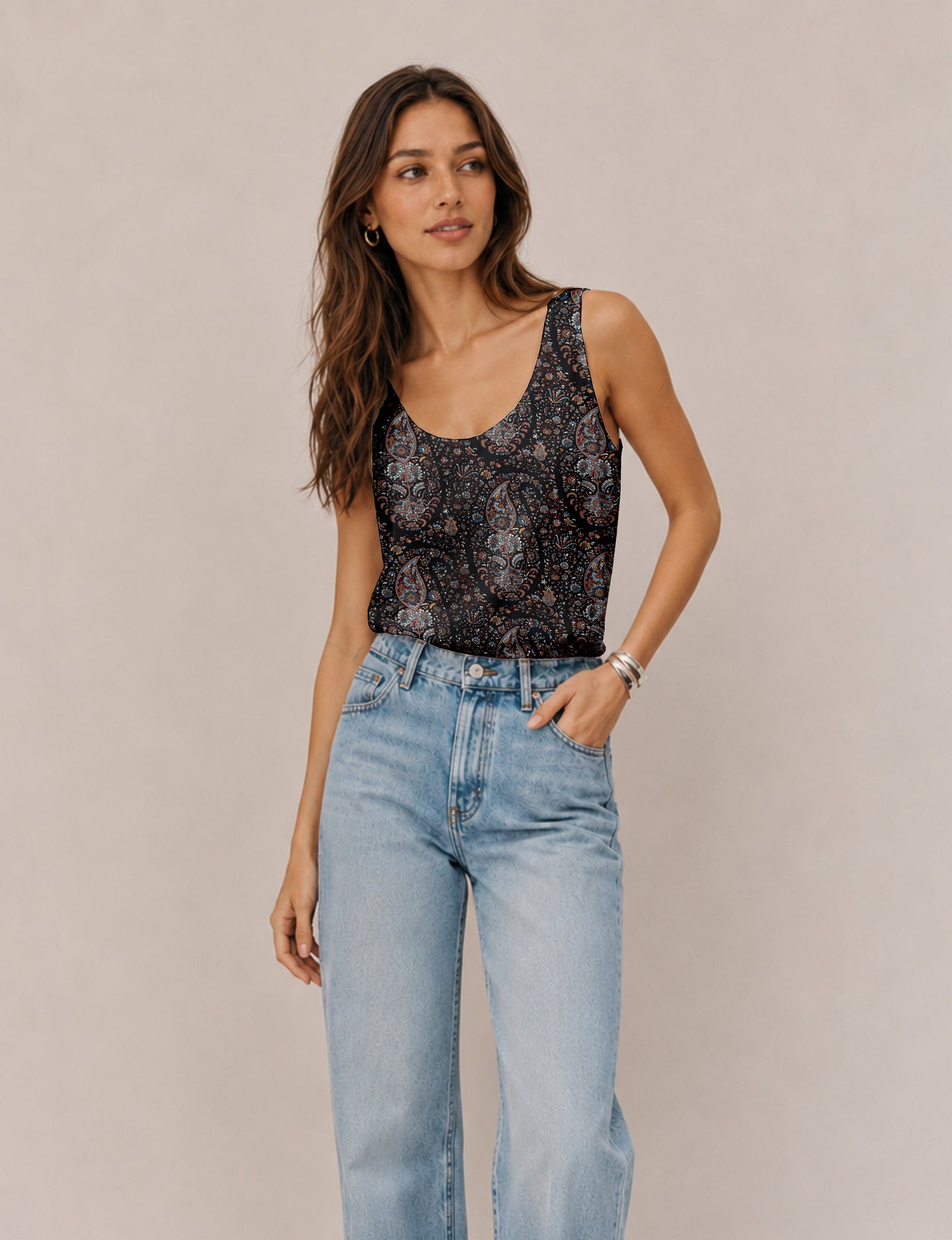 Women's sleeveless blouse with a relaxed straight fit, wide scoop neckline, deep scoop back, and hip-length silhouette.