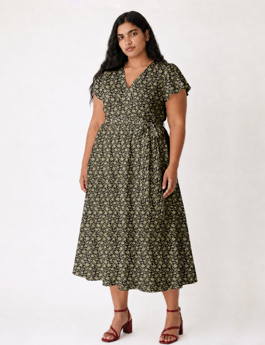 Elegant midi wrap dress with a V-neckline, adjustable waist tie, fitted bodice, and flared skirt for a timeless, flattering silhouette.