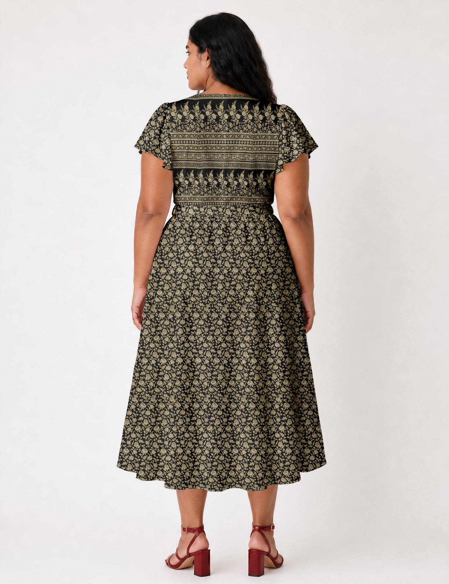 Elegant midi wrap dress with a V-neckline, adjustable waist tie, fitted bodice, and flared skirt for a timeless, flattering silhouette.
