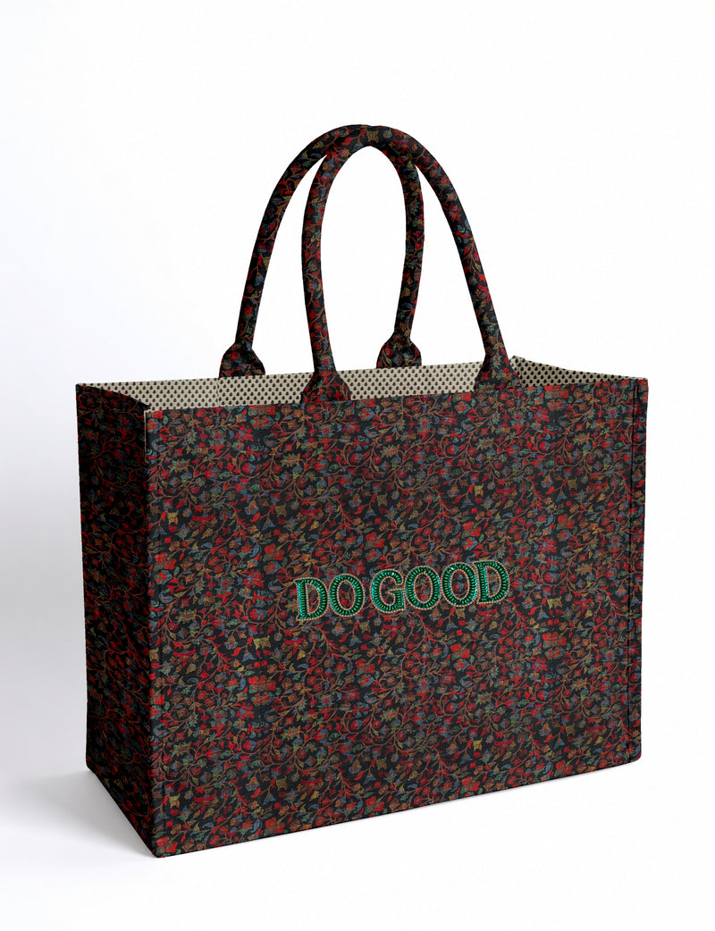 Structured DO GOOD work tote bag featuring embroidered appliqué lettering on the front, double padded shoulder handles and an internal zippered pocket.