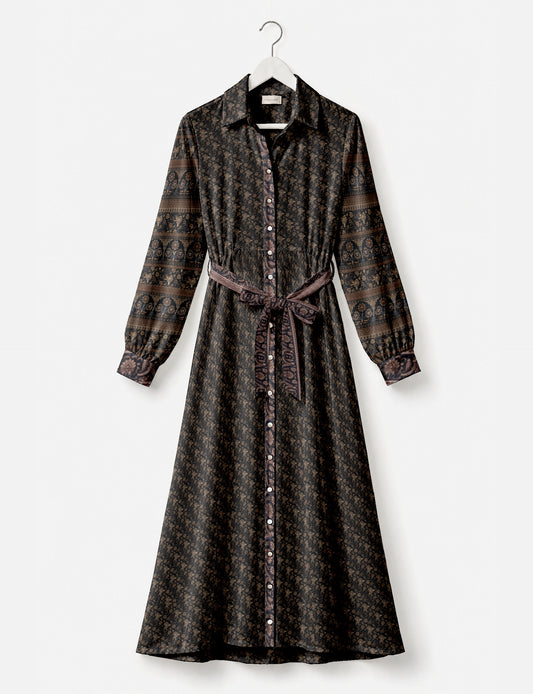 Long shirt dress side view highlighting flared silhouette