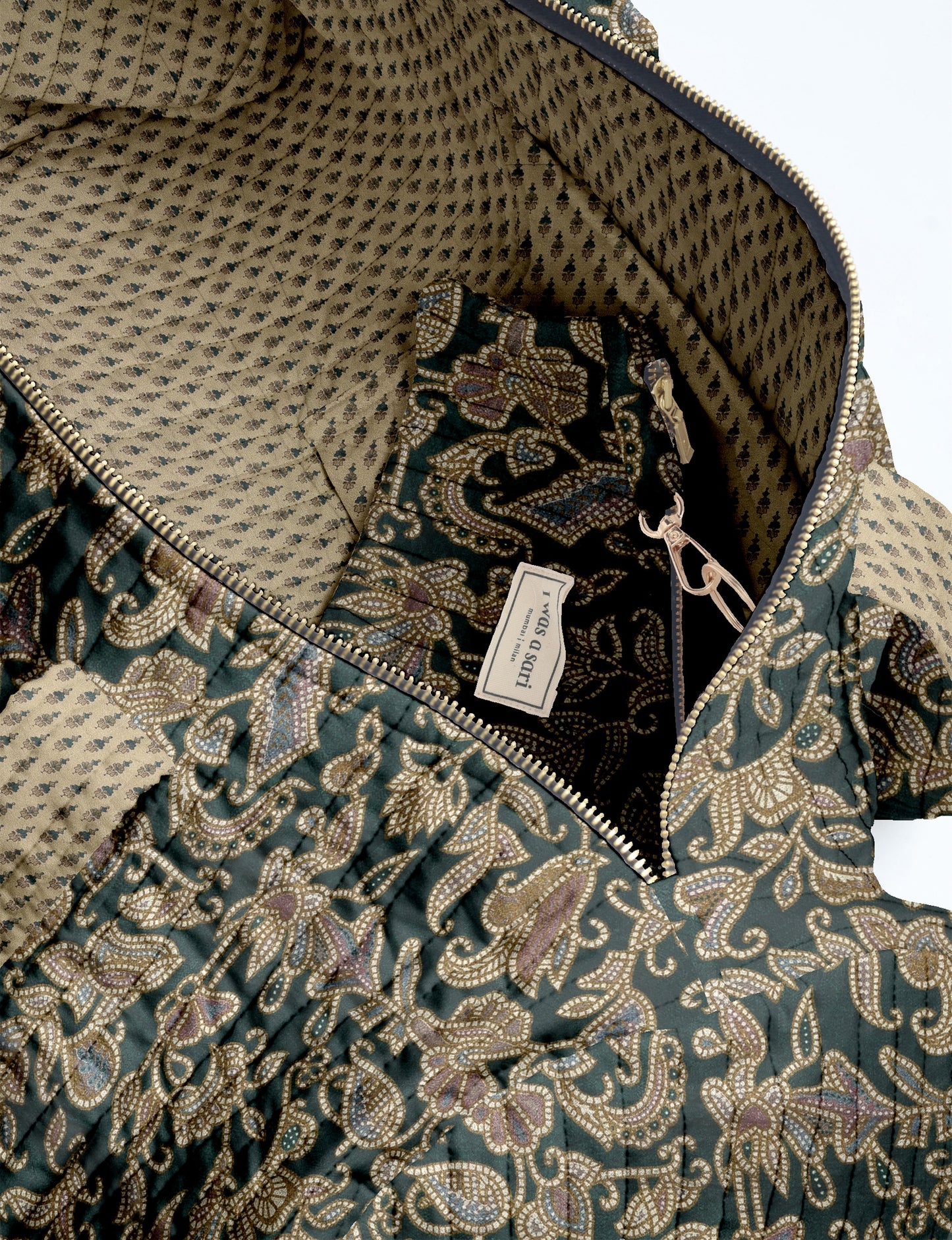 Brown paisley quilted bowling bag with dual handles, front zipper pocket, and "I was a sari" label on front side