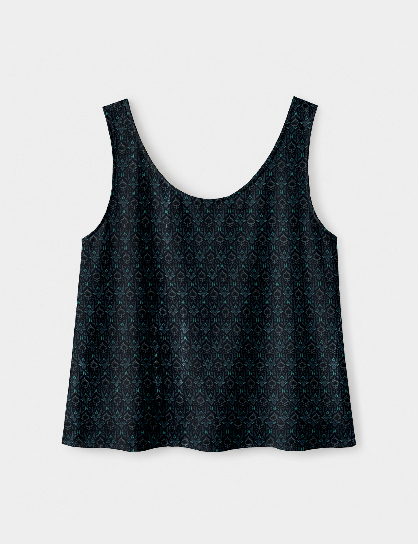 Women's sleeveless blouse with a relaxed straight fit, wide scoop neckline, deep scoop back, and hip-length silhouette.