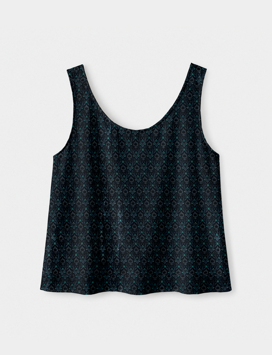 Women's sleeveless blouse with a relaxed straight fit, wide scoop neckline, deep scoop back, and hip-length silhouette.