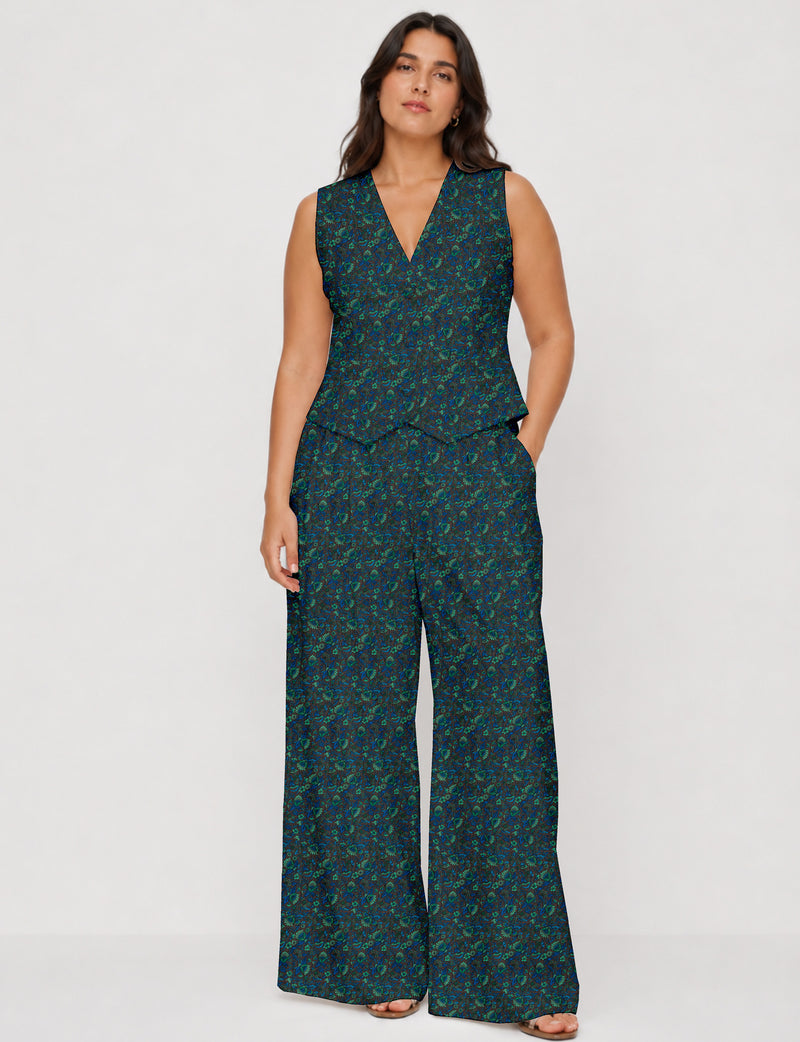 Women's tailored waistcoat set with a sleeveless V-neck button-front waistcoat and high-rise wide leg trousers in a coordinated matching outfit.