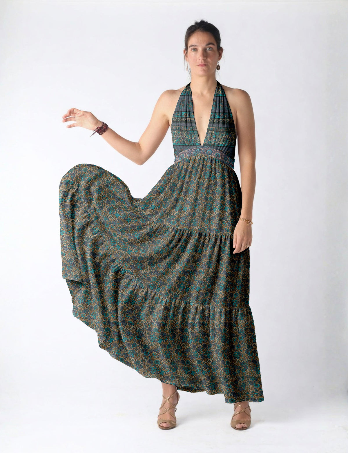 Maxi tiered dress by I was a Sari with halter neckline and flowy silhouette