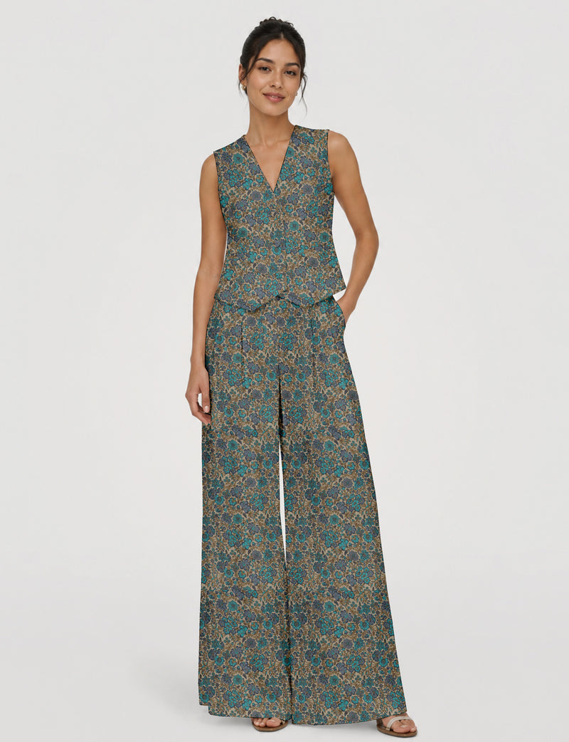 Women's tailored waistcoat set with a sleeveless V-neck button-front waistcoat and high-rise wide leg trousers in a coordinated matching outfit.