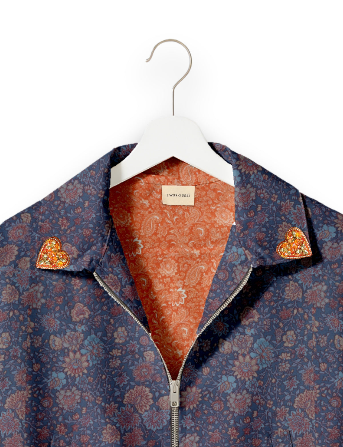 Love Bomber Jacket made from recycled fabric, featuring hand-stitched Aari embroidery. A unique piece of zero-waste clothing, part of the circular fashion movement. Designed with upcycled materials for a stylish yet environmentally friendly clothing choice.