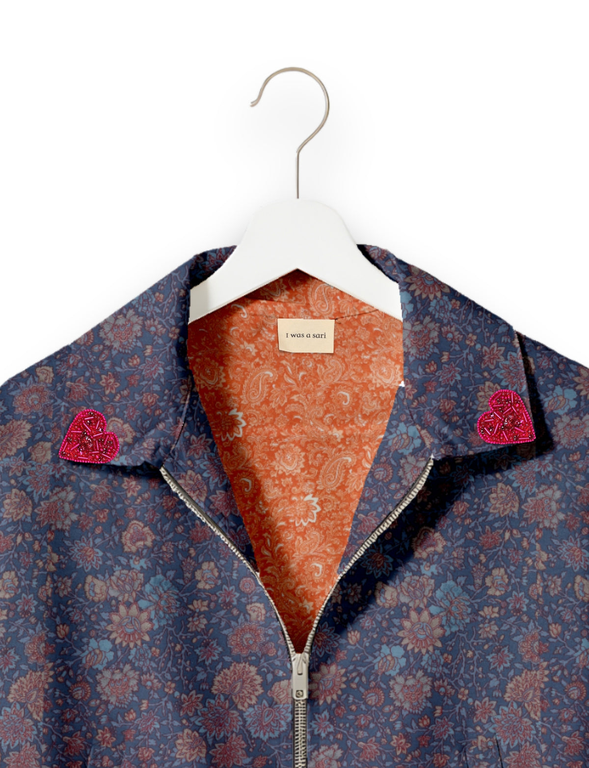 Love Bomber Jacket made from recycled fabric, featuring hand-stitched Aari embroidery. A unique piece of zero-waste clothing, part of the circular fashion movement. Designed with upcycled materials for a stylish yet environmentally friendly clothing choice.