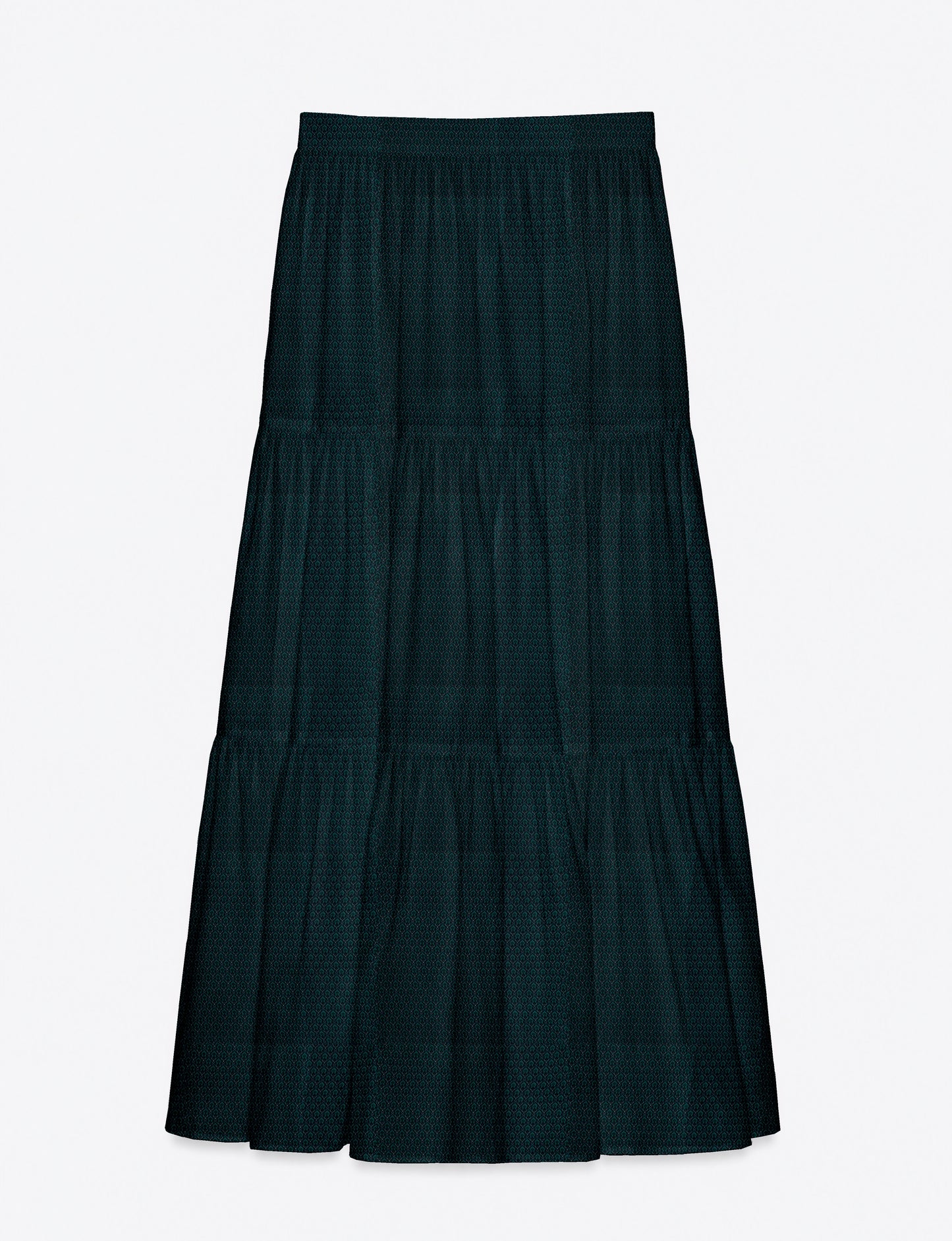 Yellow midi tiered skirt with small dark geometric micro pattern, flat lay front view