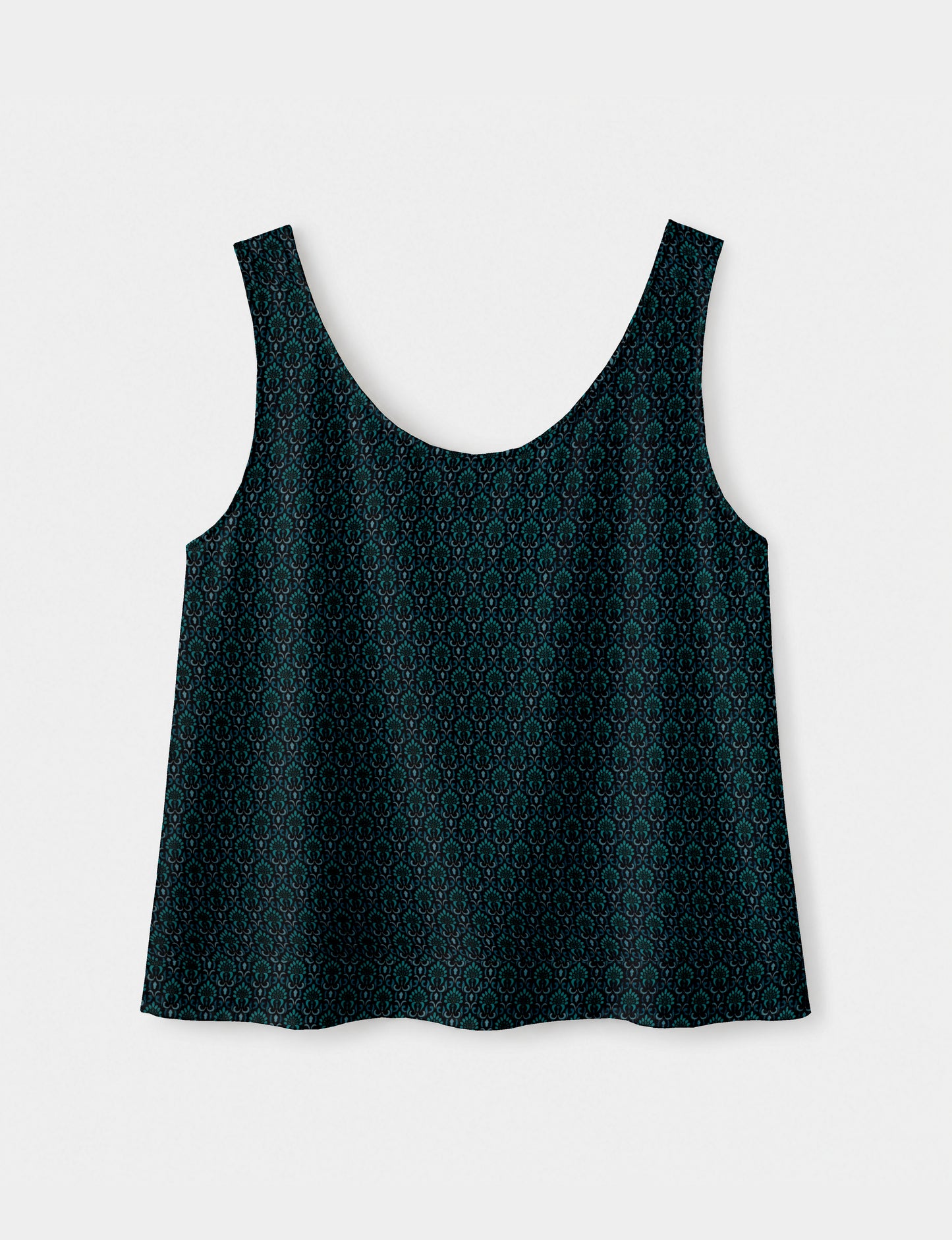 Women's sleeveless blouse with a relaxed straight fit, wide scoop neckline, deep scoop back, and hip-length silhouette.