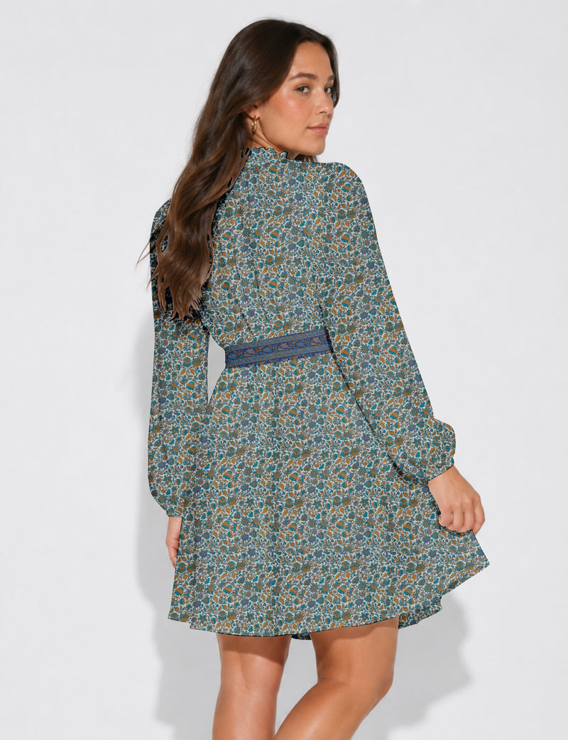 Swing dress with belt - Blue Floral