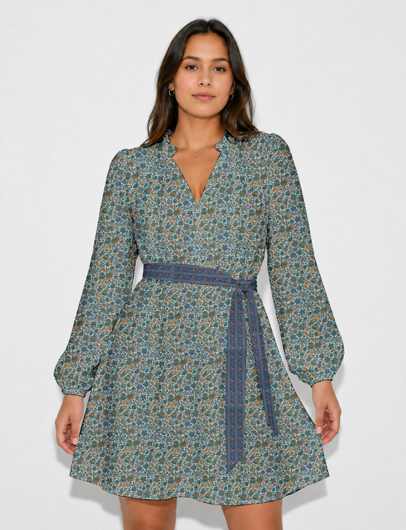 Swing dress with belt - Blue Floral