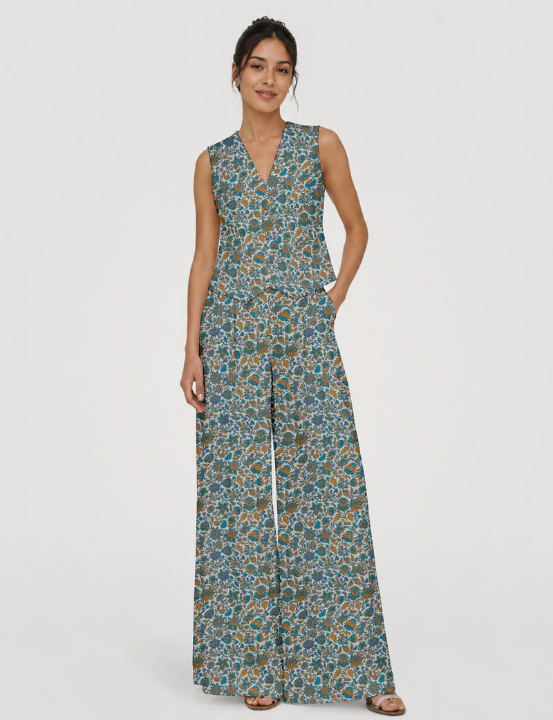 Women's tailored waistcoat set with a sleeveless V-neck button-front waistcoat and high-rise wide leg trousers in a coordinated matching outfit.