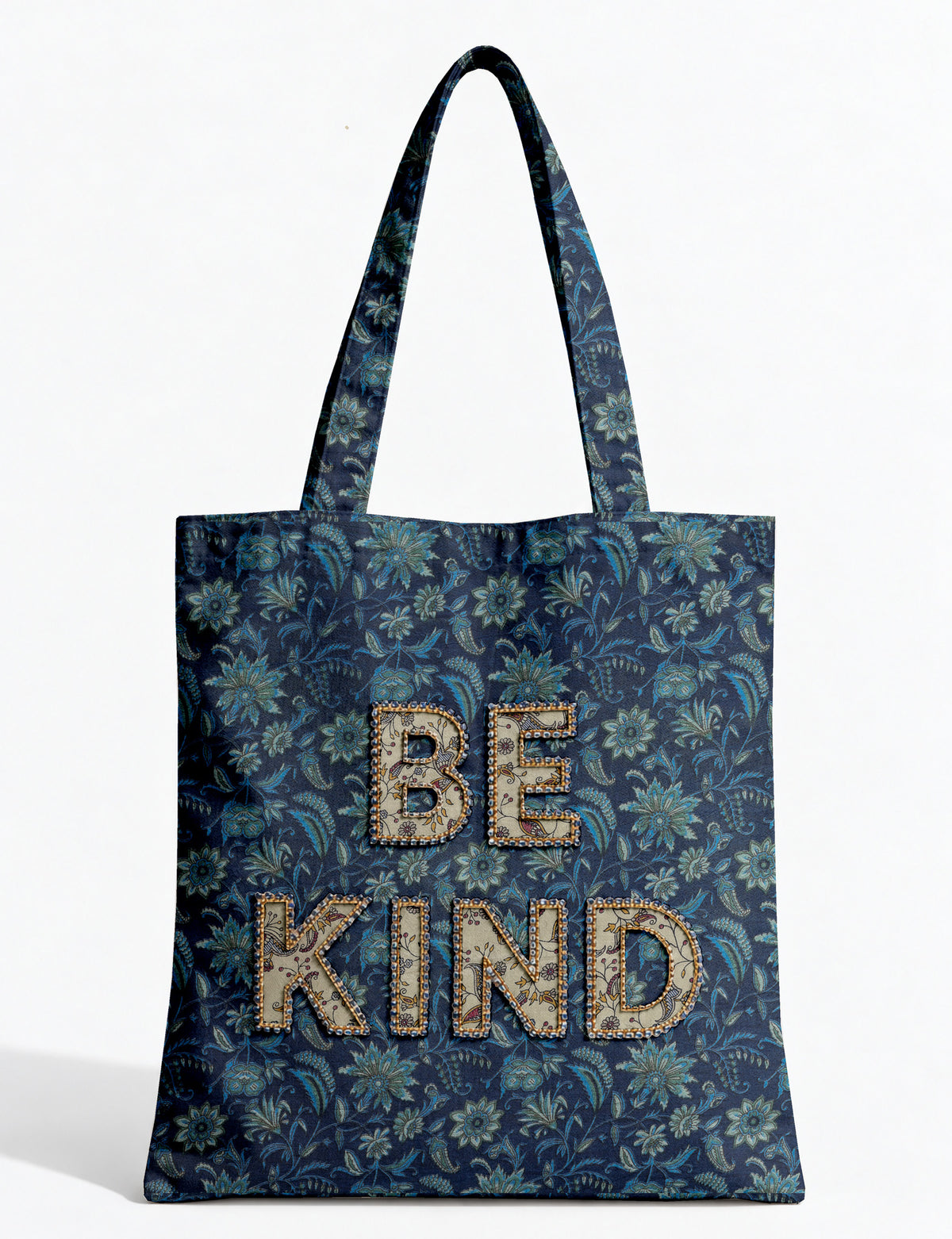 Be Kind tote bag with contrast sari fabric appliqué lettering, double shoulder straps, and front slip pocket.