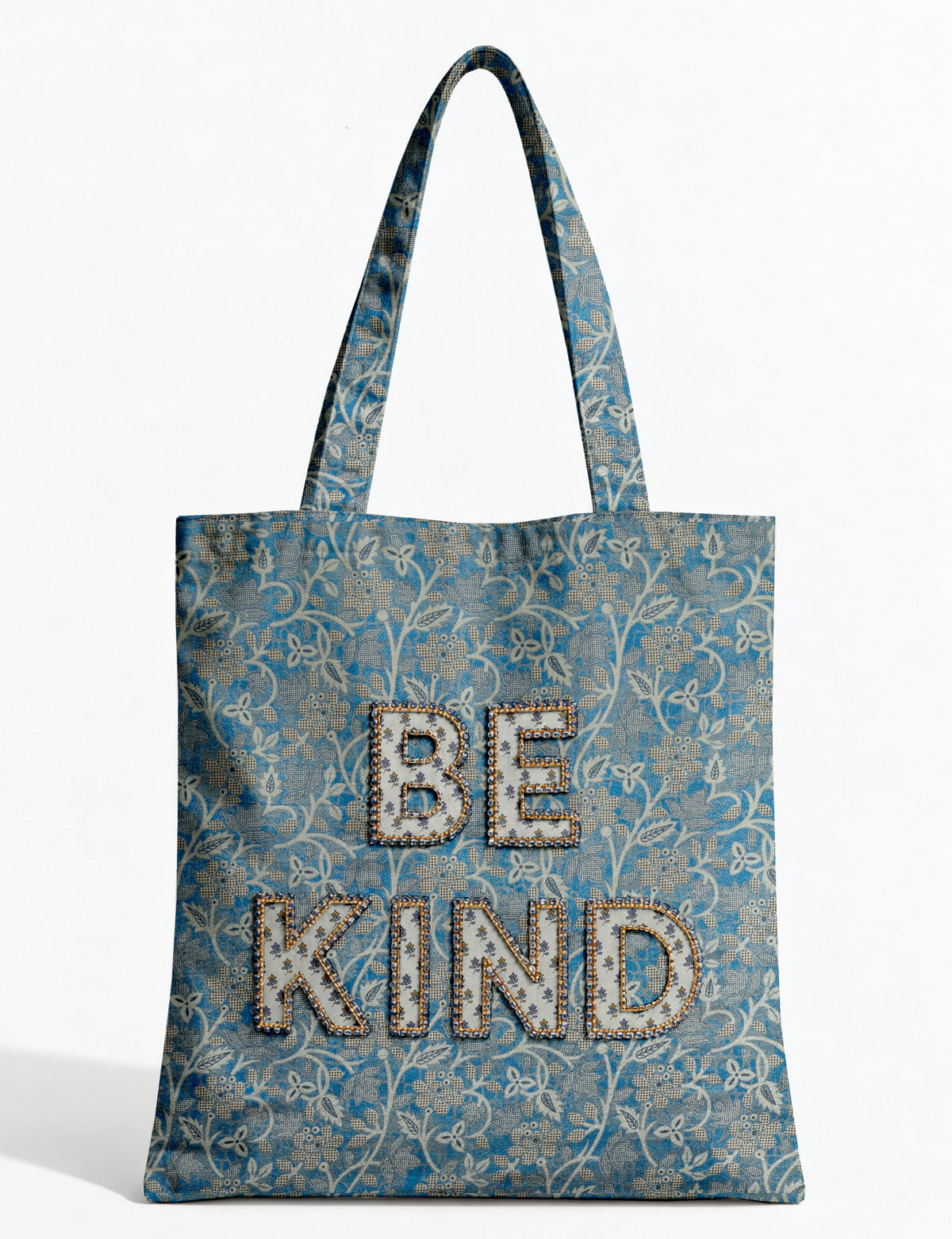 Be Kind tote bag with contrast sari fabric appliqué lettering, double shoulder straps, and front slip pocket.