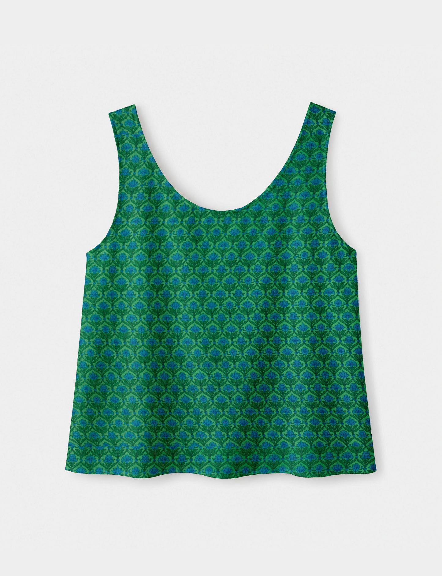 Women's sleeveless blouse with a relaxed straight fit, wide scoop neckline, deep scoop back, and hip-length silhouette.
